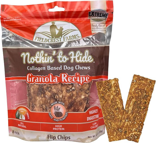 Fieldcrest Farms Nothin to Hide Flip Chips Dog Chews - Natural Rawhide Alternative Treats for Dogs, Collagen Based Snack for Moderate Chewers Up to 35lbs, Granola Flavor