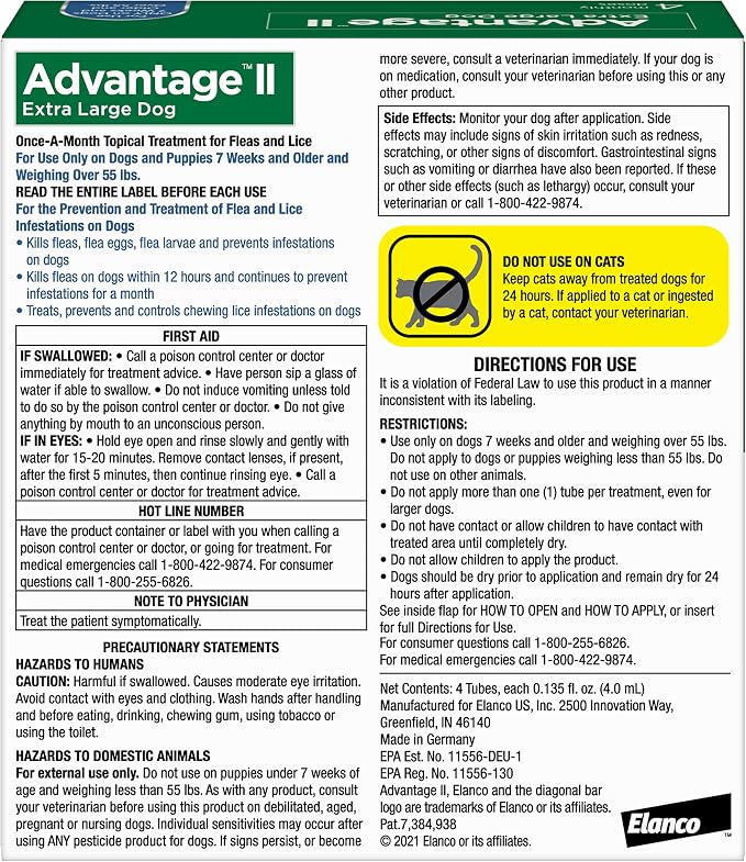 Advantage II XL Dog Vet-Recommended Flea Treatment & Prevention | Dogs Over 55 lbs. | 4-Month Supply