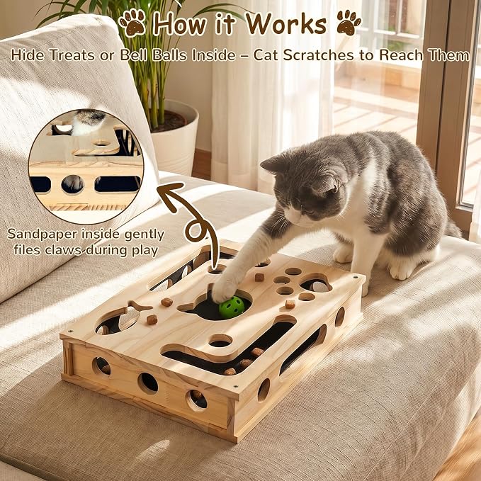 Cat Nail File Box, Interactive Wooden Cat Scratch Puzzle Toy with Sandpaper, Includes 3 Bell Balls & 3 Replacement Pads for Indoor Cats, Stress-Free Enrichment Claw Care (Large)