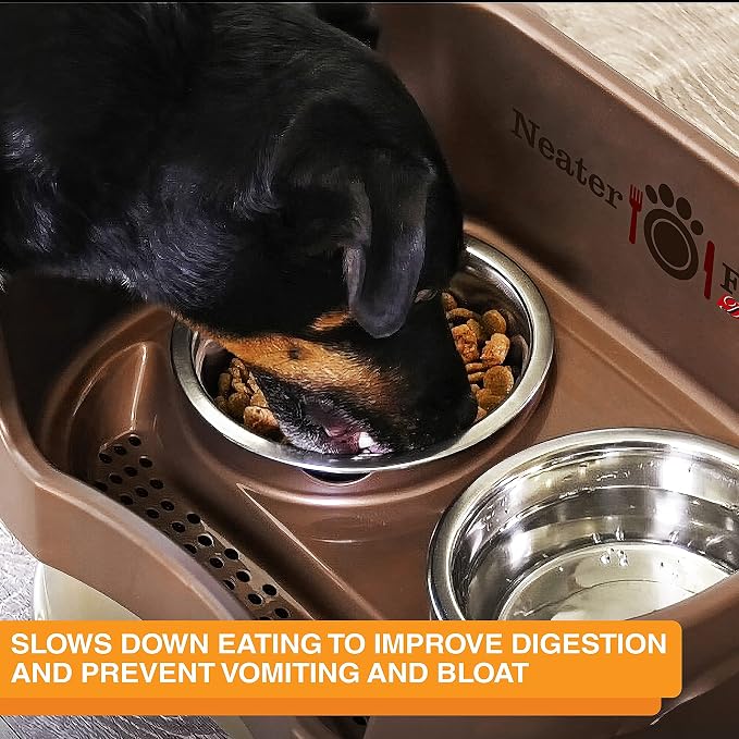 Neater Pets Neater Feeder Deluxe Mess-Proof Slow Feed Bowl & Water Bowl with Neater Mat Waterproof Silicone Mat - Protect Floors from Food & Water, Gunmetal