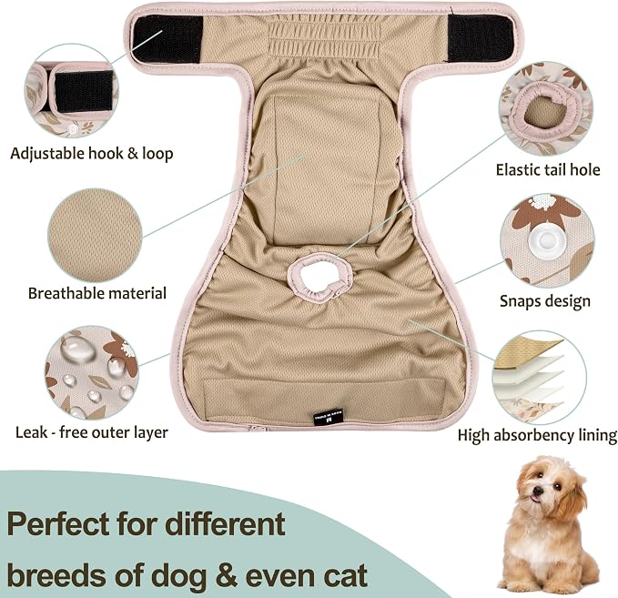 Female Dog Diapers 5Pcs - Premium Reusable Diapers for Doggie in Heat - Highly Absorbent Dog Diapers Female for Pet Incontinence with Adjustable Snaps, Breenish Lily Flower, M