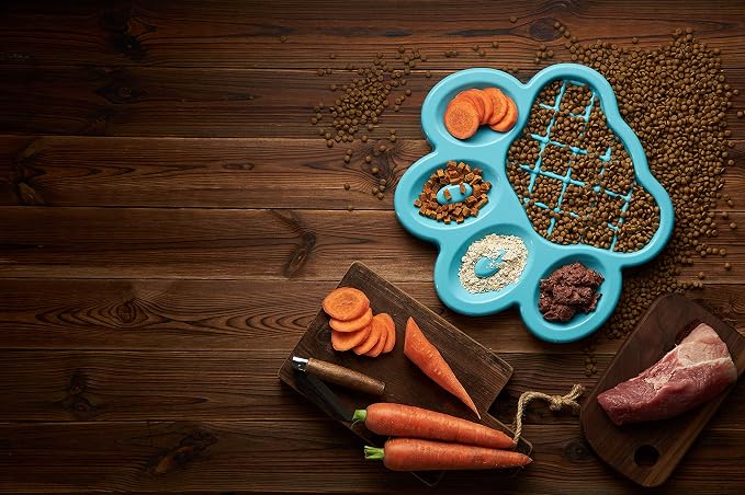 PetDreamHouse PAW 2-in-1 Slow Feeder Interactive Bowl and Removable Lick Mat Pad for Dogs, Puppies or Cats Plate Food Treats Controls Fast Eating Anti Bloating - Blue