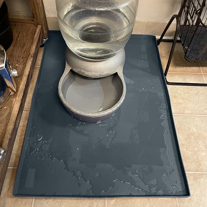Finorder 34"x 21" 100% Silicone Pet Feeding Mat, Higher Raised Edges and Slip Resistant Pet Food and Water Bowl Mat, Waterproof Pet Food Placemat Silicone Tray, Dishwasher Safe (Grey)