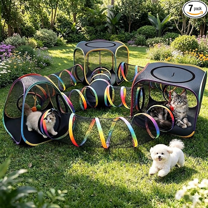CypherX Outdoor Rainbow Cat Enclosure, 7-in-1 Portable Pop Up Cat Tents and Tunnels for Outside, Outdoor Catio Mesh Pet Playpen House, Large Playground for Large Cats and Other Animals