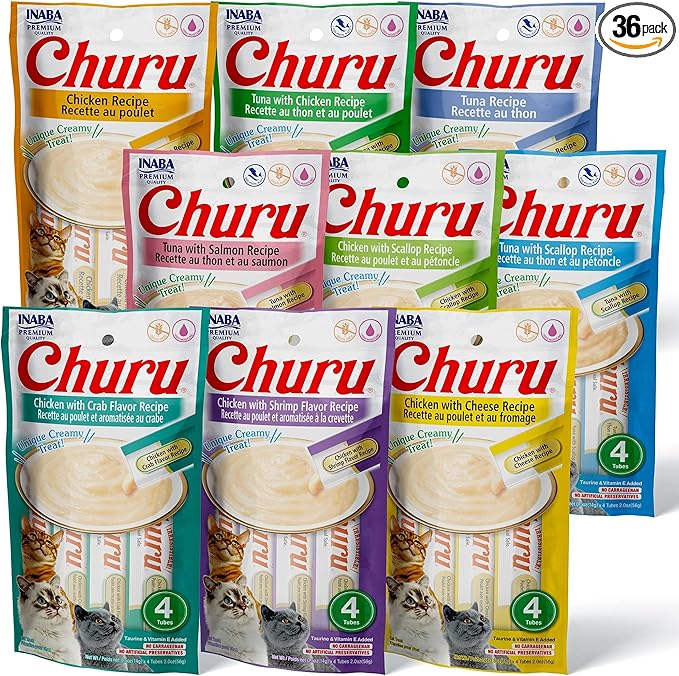 INABA Churu Cat Treats, Grain-Free, Lickable, Squeezable Creamy Purée Cat Treat/Topper with Vitamin E & Taurine, 0.5 Ounces Each Tube, 36 Tubes (4 per Pack), 9 Flavor Variety