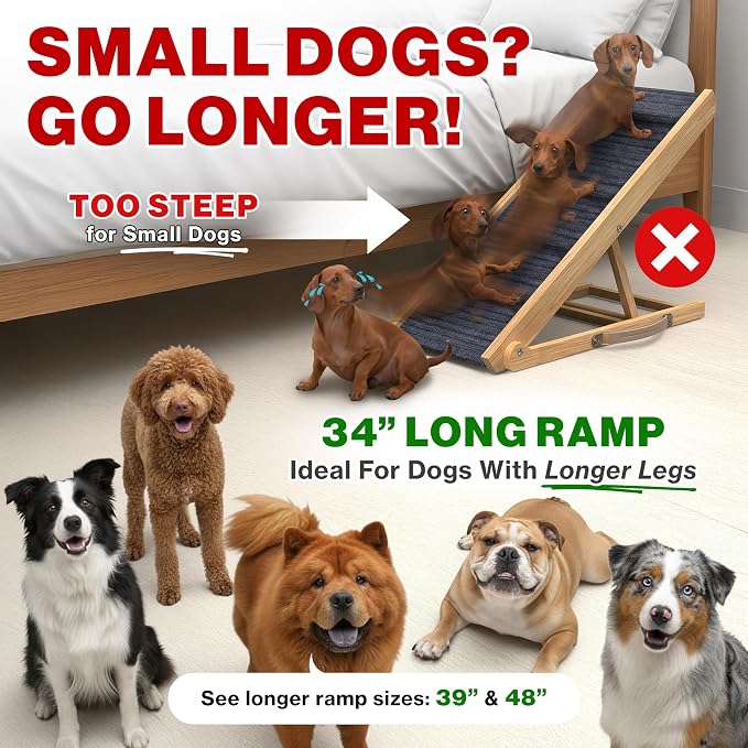 Adjustable Dog Ramp for Bed - 34" Long Foldable Wooden Ramp for Dogs to Get on Bed, Couch, or Car with 12.6" Wide Walking Space (Natural Wood with Gray Carpet)