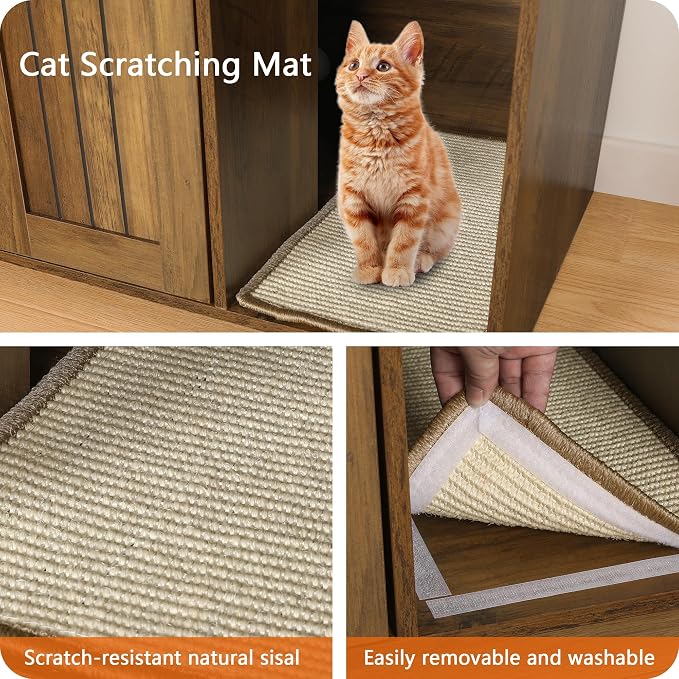 DWANTON Litter Box Enclosure, Cat Litter Box Furniture Hidden, with Scratching Mat, Wooden Cat Washroom Indoor, 31.5" L x 19.7" W x 21.7" H, Warm Brown