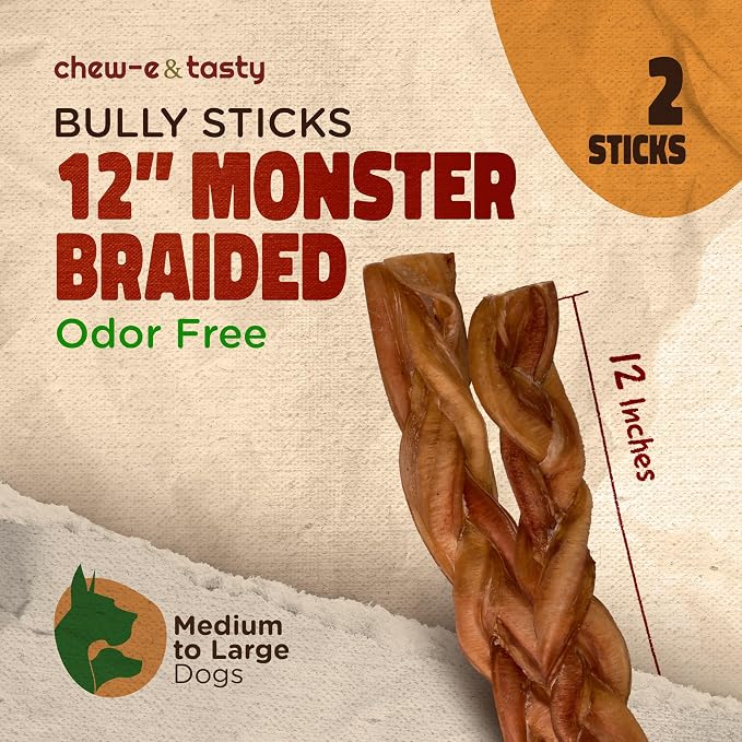 chew-e&tasty 12" Monster Braided Bully Sticks (Pack of 2) Odor Free Long Lasting Beef Chews- Made & Packaged at Food-Grade Facility High Protein Dental Treats for Very Aggressive Chewers