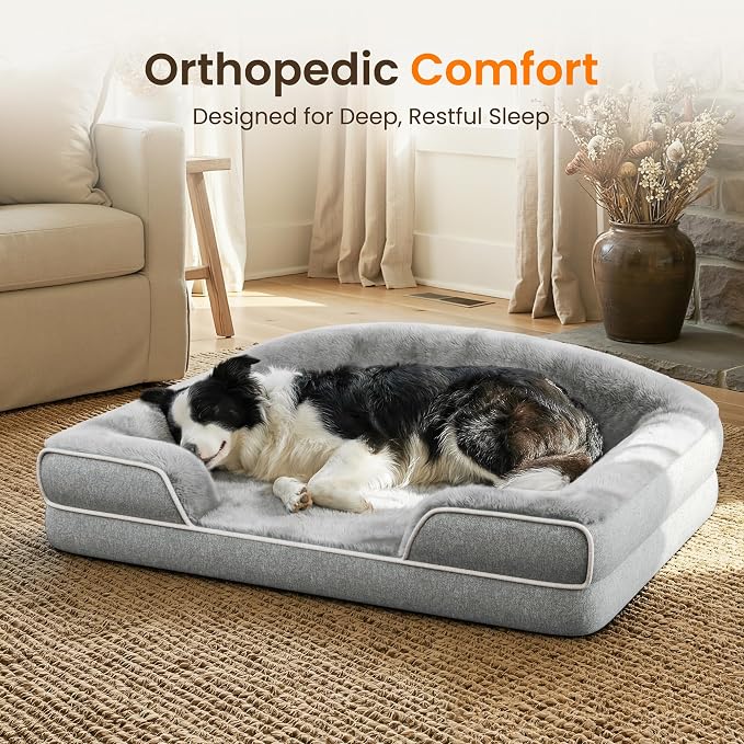 Orthopedic Dog Bed for Medium Dogs, 35 x 25 Inch Waterproof Egg Crate Foam Large Dog Couch Bed with Sides, Washable Removable Cover, Non Slip Bottom, Light Grey