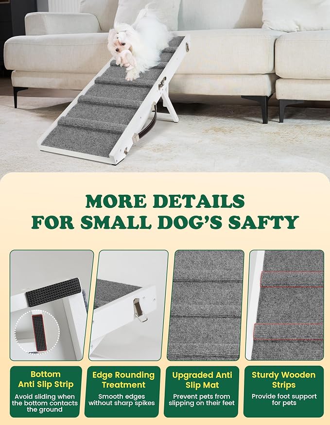Dog Ramp Dog Stairs for Small Dogs Foldable Ramps with 4 Adjustable Heights from 7.48'' to 15.35" Wood Pet Stairs with Non Slip Carpet Portable Puppy Ramps for Couch, Sofa, Low Bed (White)
