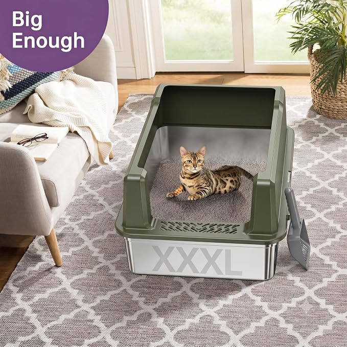 XXL Stainless Steel Cat Litter Box with Lid, 26" L x 18" W x 12" H Metal Litter Box with Hight Sides for Big Cats & Multiple Cats, Never Absorbs Odors, Anti-Urine Leakage, Easy Cleanin(Green)