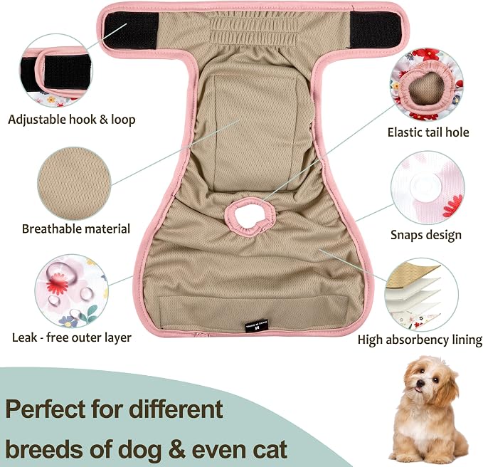 Washable Female Dog Diapers (3 Pack) - No Leak Reusable Diapers for Doggy Female in Period - Highly Absorbent Dog Heat Panties with Adjustable Snaps XL