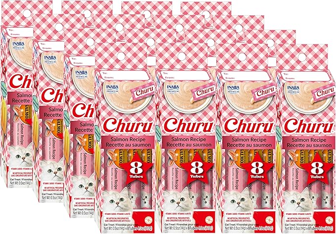 INABA Churu Lickable Purée Natural Cat Treats Gift Box - Salmon Recipe, 32 Tubes Case of 128 Tubes (16 Gift Boxes of 8 Tubes Each)
