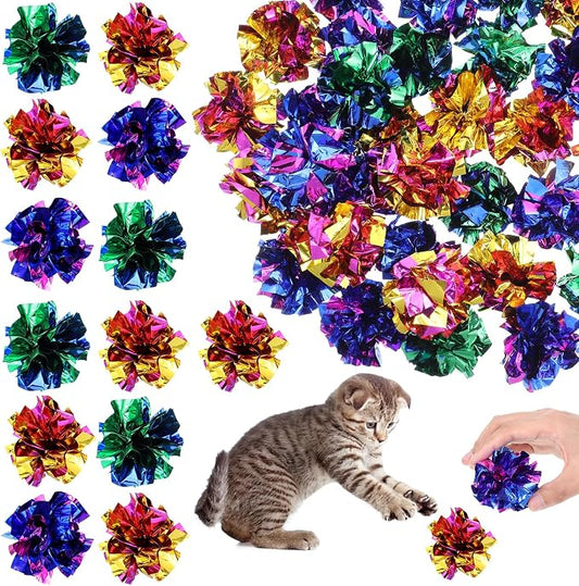 SHENLIU 2.36" Crinkle Balls for Cats, 100 Pcs Colorful Cat Toys Crinkle Ball Interactive Foil Cat Toy Balls for Indoor Kittens to Keep Fit Active