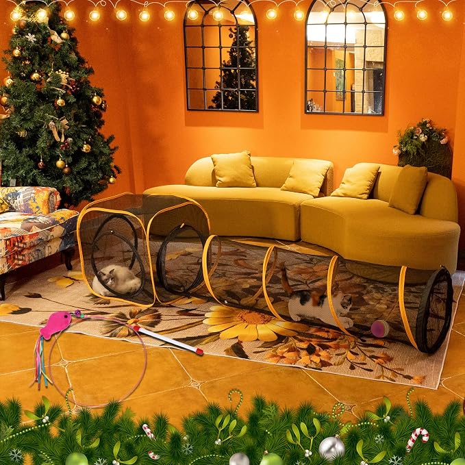Cat Play Tunnel + Cube(with Three Ways) for Indoor and Outdoor, Cat Playpen, Play Enclosures, Collapsible Cube, Tunnel, Easy to Connect with Tent