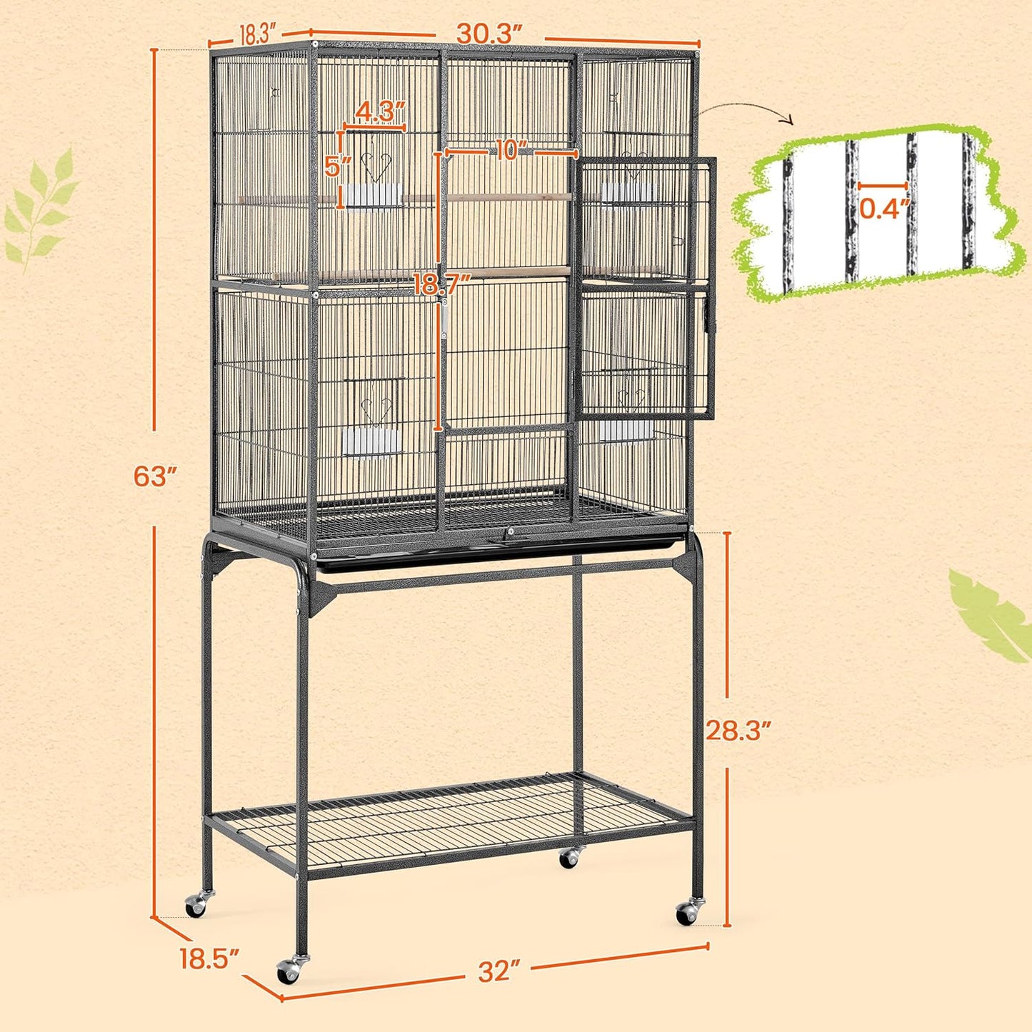 Yaheetech 63-Inch Wrought Iron Rolling Large Bird Cage for African Grey Small Quaker Amazon Parrots Canary Bird Flight Cage
