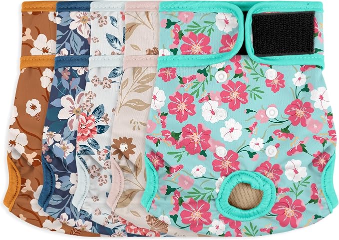Female Dog Diapers 5Pcs - Premium Reusable Diapers for Doggie in Heat - Highly Absorbent Dog Diapers Female for Pet Incontinence with Adjustable Snaps, Breenish Lily Flower, XXL