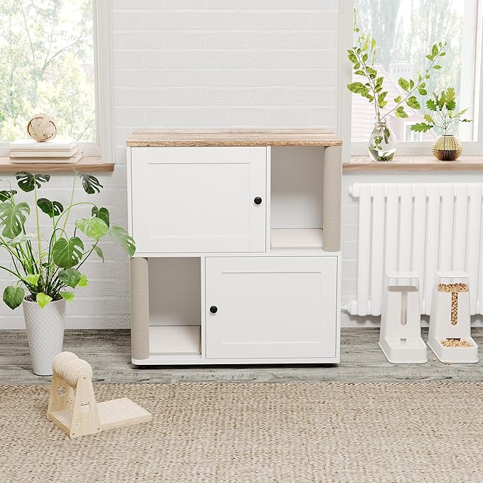 Cat Litter Box Enclosure, Two-Story Wooden Hidden Litter Box Furniture with Scratching Post, Multi-Level Cat Washroom Cabinet for 2 Cats, Reinforced Wood Frame & Ventilated Design for Small Apartment
