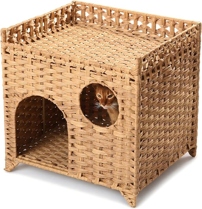 Wicker Cat House for 1-2 Cats Under 20 lb, Medium-Large Indoor Cat Condo No Assembly, Handwoven Rattan-Style Breathable Cat Bed Pet Cube for Living Room Bedroom, Suitable for Summer Use (Tan)
