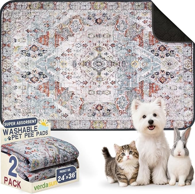 Washable Pee Pads for Dogs, Reusable Puppy Potty Training Pads, Ultra-Absorbent Thick Waterproof Leak-Proof Non-Slip Pads & Mat for Crate, Playpen, Floor, Whelping & Housebreaking , 2 Pack 24"x36"