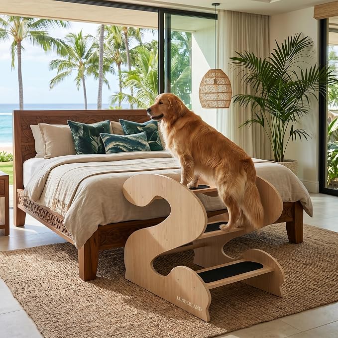 Wood Dog Stairs for Bed and Sofa (YellowMapleGrainPatten) | 3-Step Small Senior Pet 23¼ D x 16¾" W x 19⅜ H,Trainer-Recommended Wood Ramp Steps
