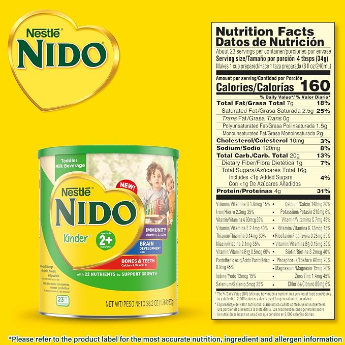 Nestlé NIDO Kinder Toddler Milk Beverage Powder Mix, 2 + Years, 23 Servings per Container, 138 Total Servings, 6x800g (4,800g)