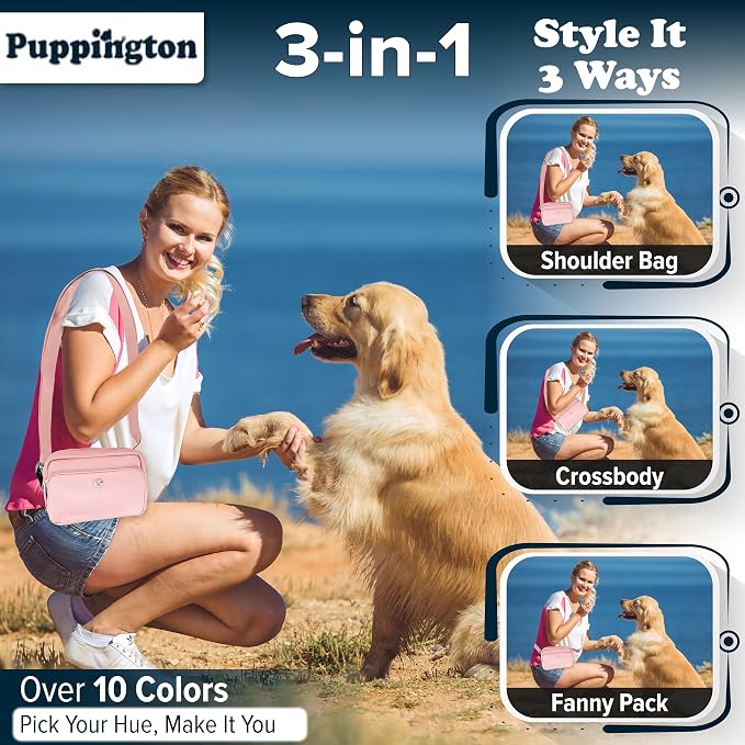 Puppington 3-in-1 Crossbody & Dog Treat Pouch for Pet Training - Matching Compostable Poop Bags, Built-In Poop Bag Dispenser & Slow-Feeding Travel Dog Bowl - Dog Walking Bag (Blush Pink)