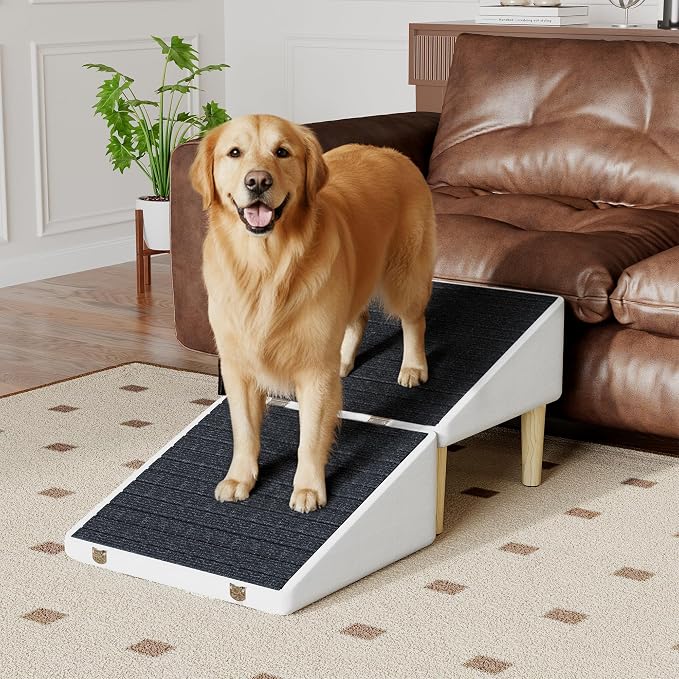 3-in-1 Dog Ramp Pet Stairs 18.9"x17.72"x19.29" with Hidden Storage Ottoman, Anti-Slip Steps for Small, Medium, Large, Senior & Injured Pets, 220LBS for Bed & Sofa, Beige