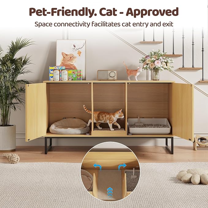 Kitty Litter Box Enclosure for 2 Cats, Small Hidden Cat Litter Box Furniture with Scratch Pad, Modern Fluted Double Litterbox Cabinet TV Stand for Kittens, Natural