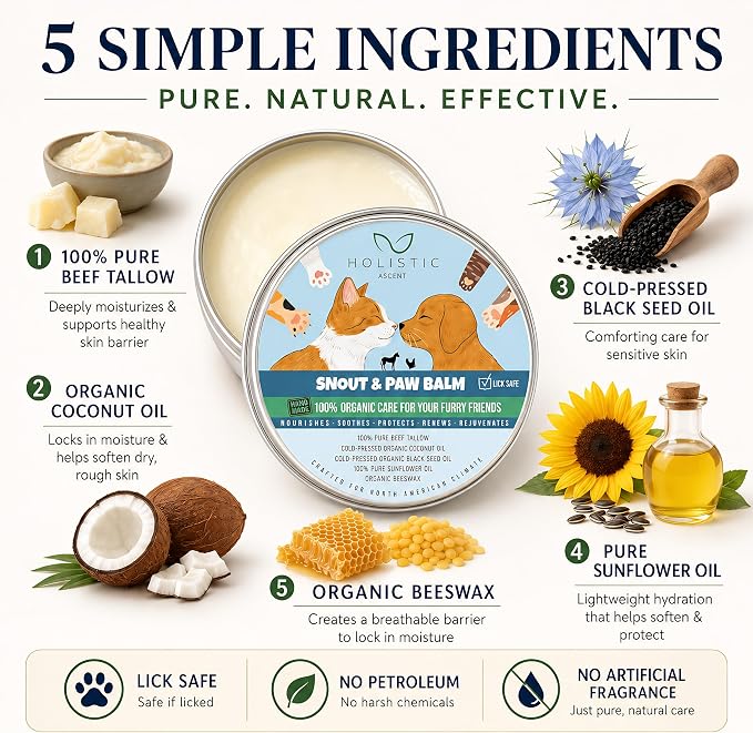 Dog & Cat Snout Paw Balm with Beef Tallow – Lick Safe. Paw & Nose Moisturizer for Dry, Cracked Paws – Natural Protective Balm for Dogs & Cats – 4 oz