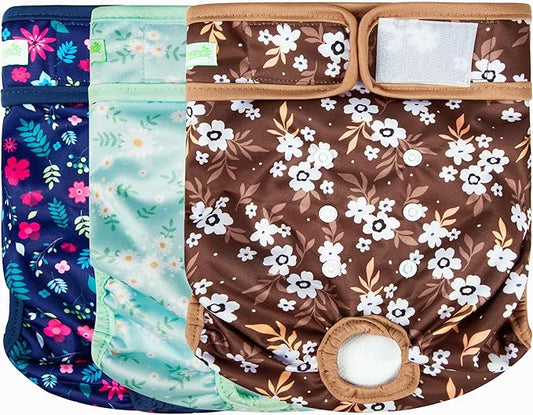 wegreeco Washable Female Dog Diapers Highly Absorbent Reusable Diapers for Dog in Heat Period, 3 Pack (Chrysanthemum, Large)