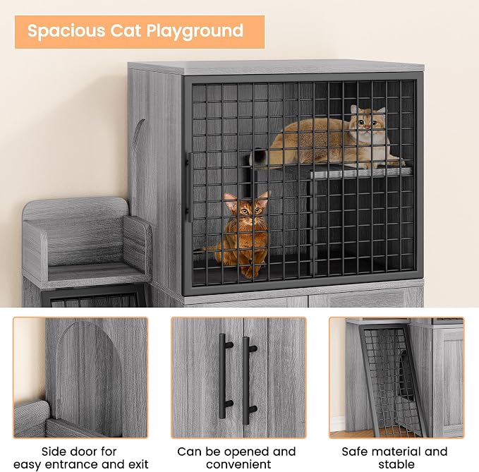 Cat Litter Box Enclosure Furniture with Double Layer Design, Hidden Litter Box & Lounge Villa for Indoor Cats - Includes Ladder, Platform, and Washroom Space for Living Room, Wax Wood