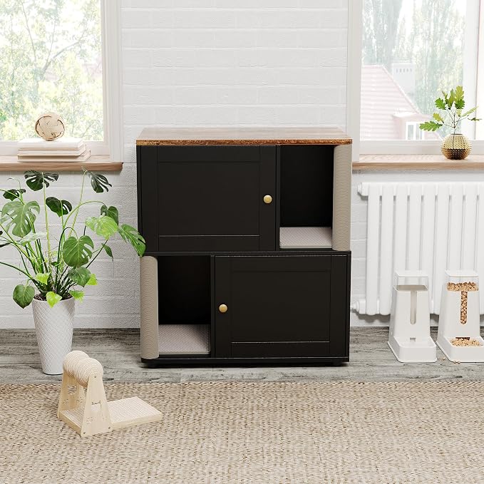 2-Tier Wooden Cat Litter Box Enclosure, Hidden Privacy Cabinet for 2 Cats, Space-Saving Indoor Pet House End Table with Built-in Scratching Post