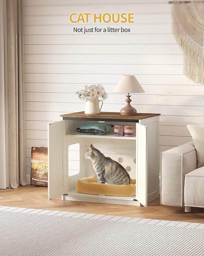 Hzuaneri Cat Litter Box Enclosure Enclosed, Hidden Litter Box Furniture Cabinet Large, Wooden Indoor Cat House with Adjustable Shelf for Top Entry Litter Box, Farmhouse Rustic Brown and White CB85414X
