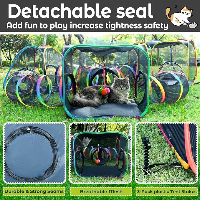 CypherX Outdoor Rainbow Cat Enclosure, 7-in-1 Portable Pop Up Cat Tents and Tunnels for Outside, Outdoor Catio Mesh Pet Playpen House, Large Playground for Large Cats and Other Animals