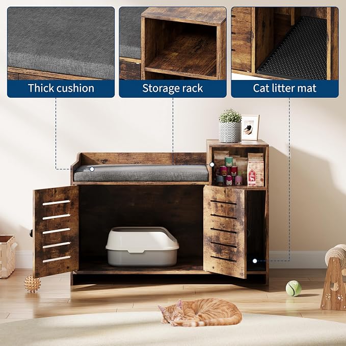 Vintage Brown Hidden Cat Litter Box Enclosure Furniture with Mark Pad – Modern Farmhouse Cat House Cabinet, Storage Shelf – Indoor Use, Hallway or Bedroom, Vintage Brown