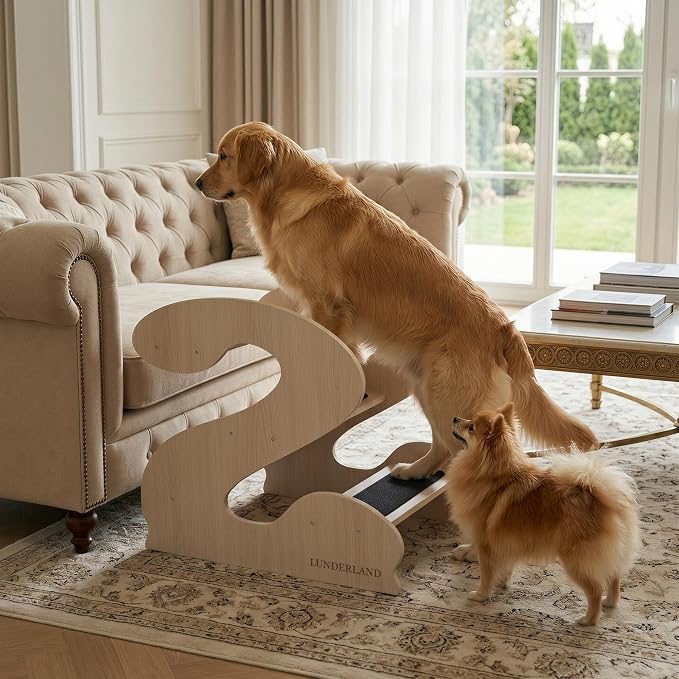 Wood Dog Stairs for Bed and Sofa (YellowMapleGrainPatten) | 3-Step Small Senior Pet 23¼ D x 16¾" W x 19⅜ H,Trainer-Recommended Wood Ramp Steps