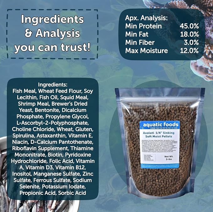 Axolotl Food 1/4" Soft Moist Sinking Pellets for Axolotls, Shrimp, Snails, Newts, Large Catfish, Monster Fish, Tropical Fish, Koi, Pond Fish, Salmon Meal Pellets - 10-lbs