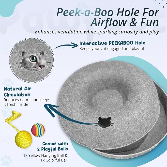 MeowMates Peekaboo Cat Cave Donut Bed for Multiple Cats Upto 45lbs, 3-in-1 Large Cat Tunnel & Donut Bed Combo w Round Tunnel Scratcher for Indoor Cats, Hanging Toy, Washable & Detachable - Grey