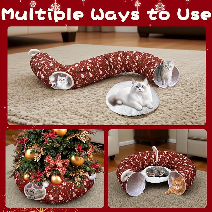 Cat Tunnel Bed in 3FT x 3FT x 9.8IN - Decorative Christmas Style with Snowman and Glove Patterns - Red Color Perfect for Festive Felines