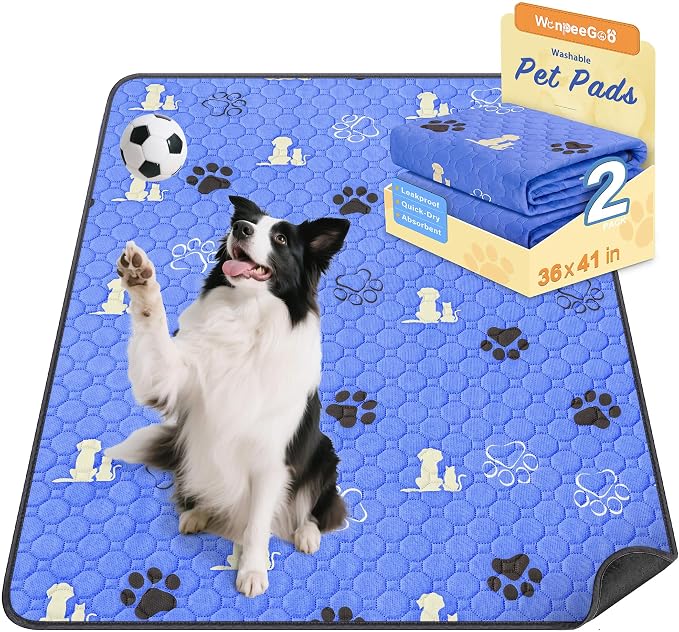 WanpeeGoo Washable Pee Pads for Dogs, 2 Pack Absorbent Reusable Training Dog Pads Pet Puppy Pads, Non-Slip Potty Pads for Whelping, Playpen, Crate, Bed, Blue 36"x41"