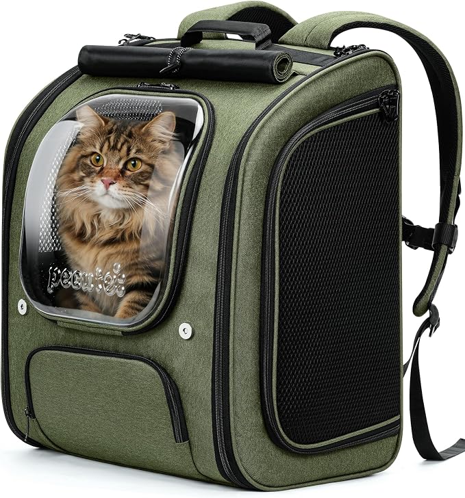 Pecute Cat Backpack Carrier XL, Large Space Cat Bubble Backpack, Breathable Cat Carrier, Shaded Dog Backpack Carrier, Ergonomic 3D Design for Travel, Hiking, for Medium Dogs up to 15lbs, Green