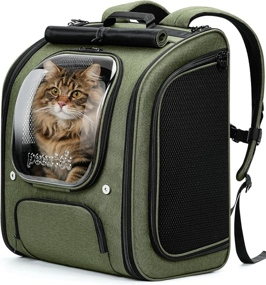 Pecute Cat Backpack Carrier XL, Large Space Cat Bubble Backpack, Breathable Cat Carrier, Shaded Dog Backpack Carrier, Ergonomic 3D Design for Travel, Hiking, for Medium Dogs up to 15lbs, Green