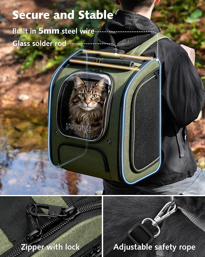 Pecute Cat Backpack Carrier XL, Large Space Cat Bubble Backpack, Breathable Cat Carrier, Shaded Dog Backpack Carrier, Ergonomic 3D Design for Travel, Hiking, for Medium Dogs up to 15lbs, Green