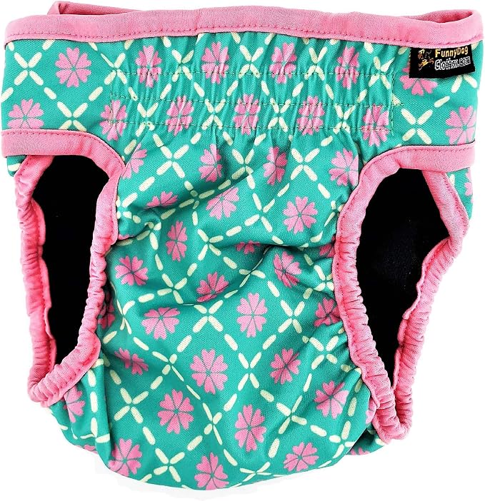 Pack of 3 Female Dog Diapers with 4 - Layers of Absorbent Pads Cat Panties Waterproof Leak Proof Washable (M: Waist 16" - 20", Neon Pattern)