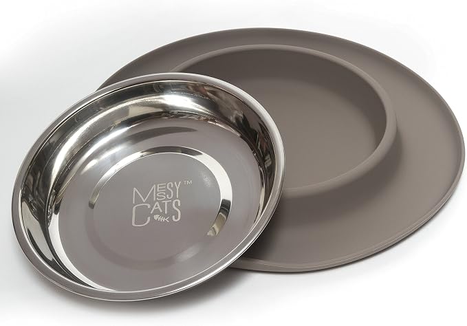 Messy Cats Single Silicone Feeder with Stainless Saucer Shaped Bowl | Anti-Slip Non-Skid Cat Food Bowl | One Cat Bowl in Feeding/Water Station | 1.75 Cups (Grey)