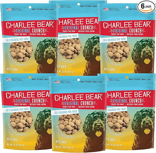 Charlee Bear Original Crunch Dog Training Treats, Liver Flavor, 3 Calories Each, Low Calorie Natural Rewards for Puppies to Adult Dogs, Made in USA, 16 oz (6-Pack)