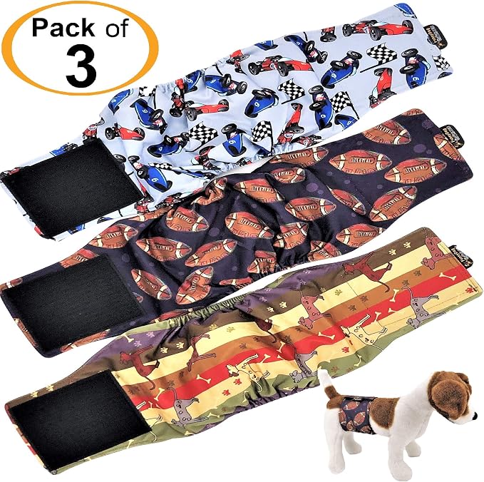 Pack of 3 Male Dog Diapers 4 - Layers of Absorbent Pads Waterproof Leak Proof Belly Band Wrap Washable (XS: Waist 7" - 10", Patterned)