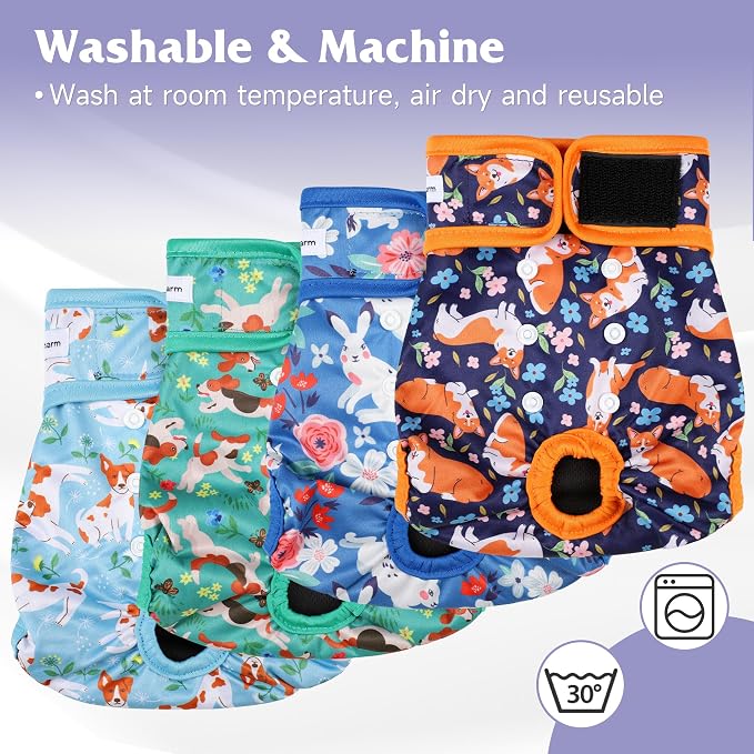 4 Pack Reusable Female Dog Diaper, Highly Absorbent Doggie Diapers for Female Dogs, Dog Diaper XX-Large, Flowers & Dogs