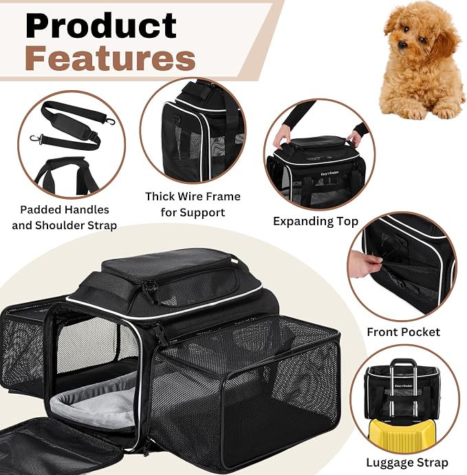 Airline Approved Top-Expanding Pet Carrier on Wheels- Extra Spacious Soft Lined Carrier! 18x11x11 (Expanding Sides)